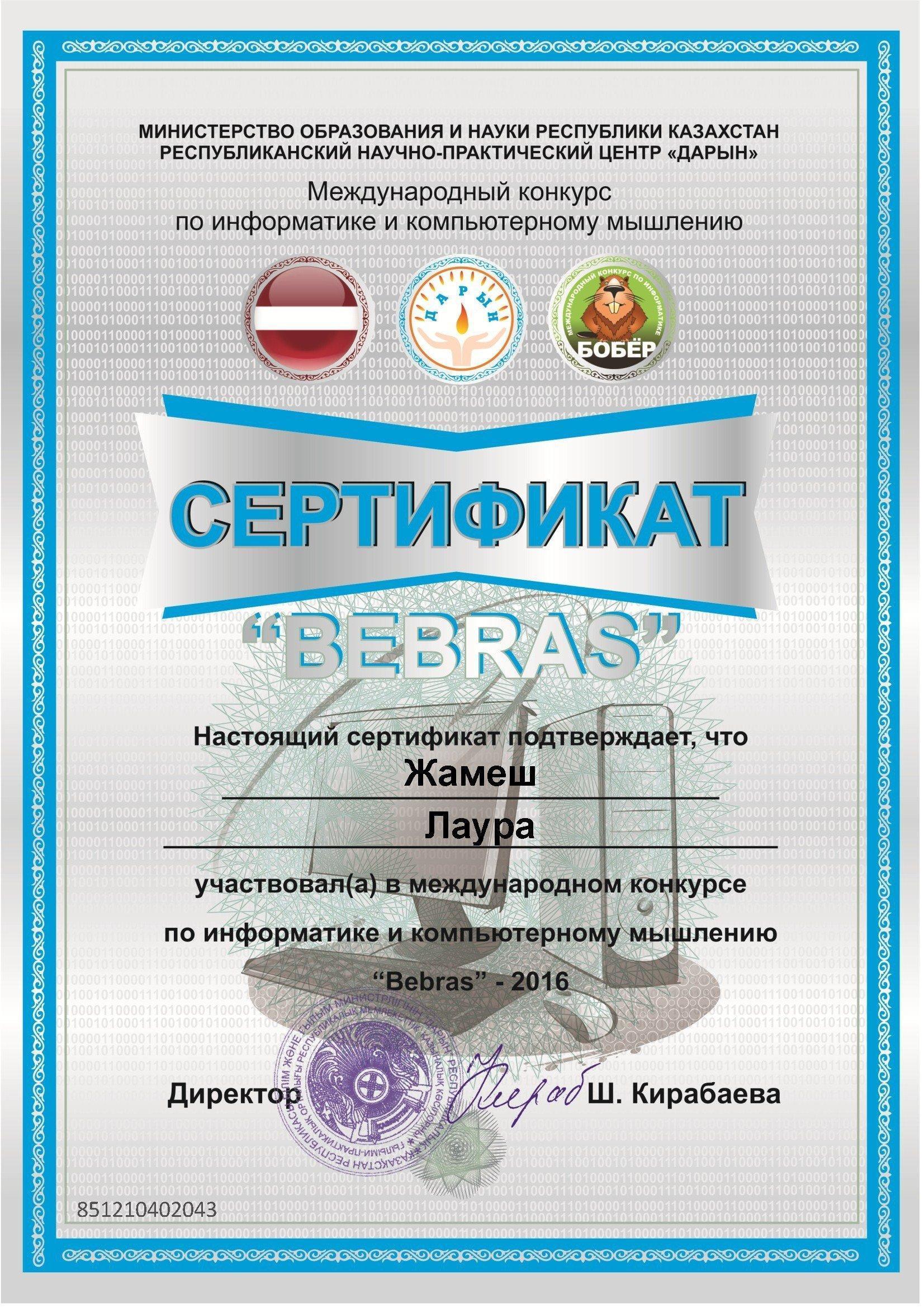сертификат "Bebras"