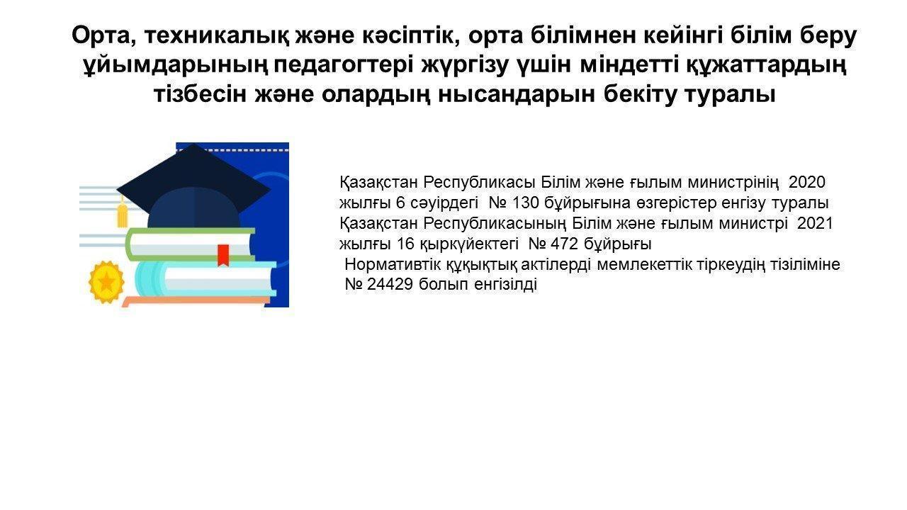 Орта, техникалық және кәсіптік, орта білімнен кейінгі білім беру ұйымдарының педагогтері жүргізу үшін міндетті құжаттары